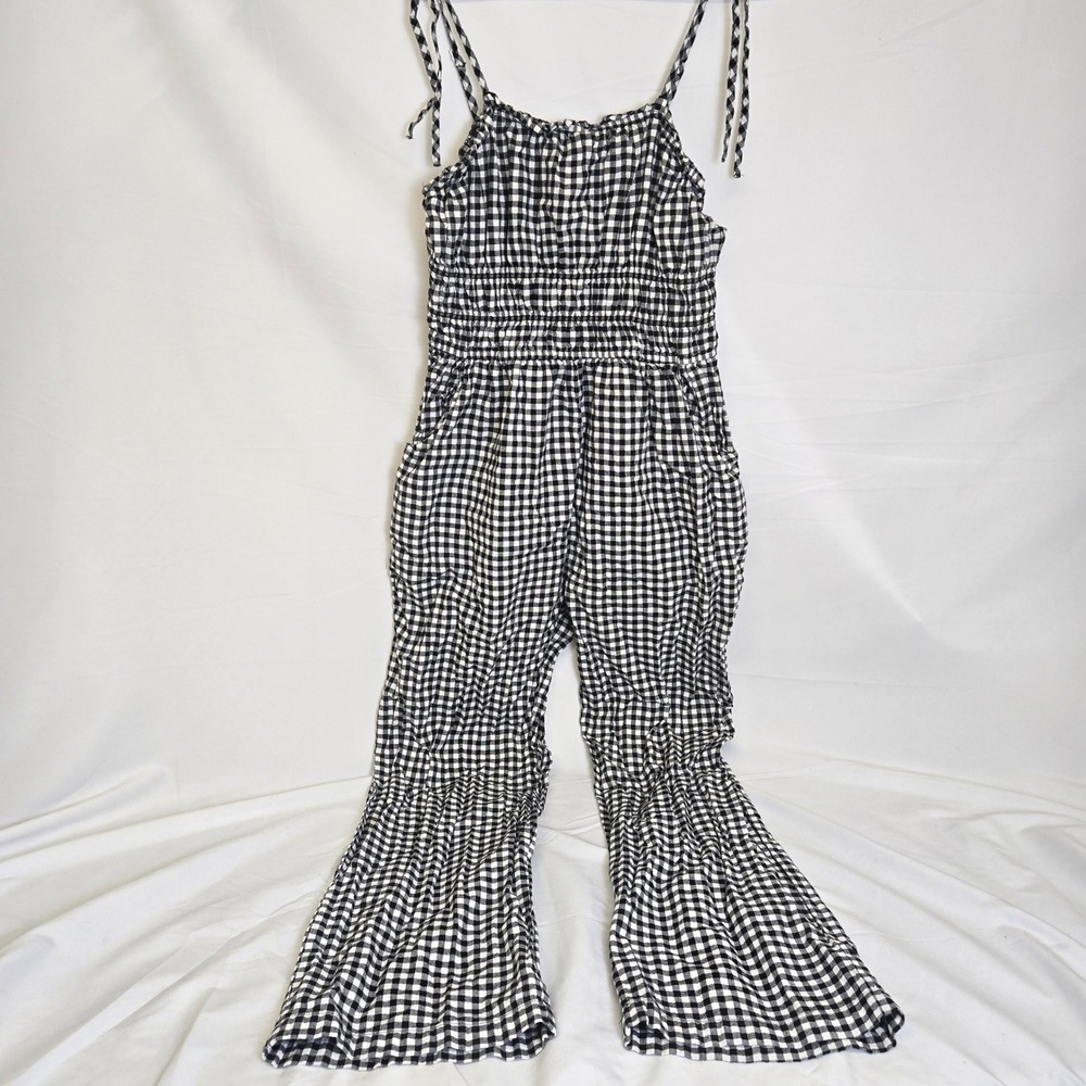 Japna Gingham Smocked Spaghetti Strap Jumpsuit Pockets Black White Cotton Large